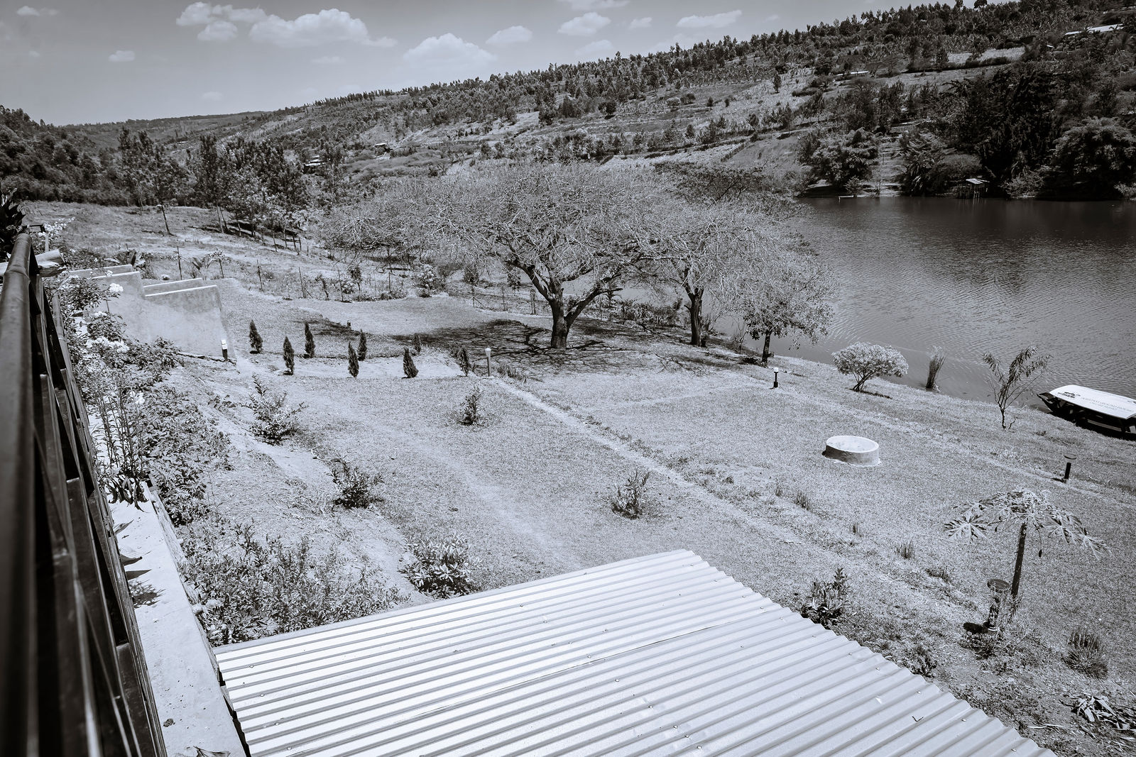 Black and white view over Lake Muhazi from the terrace