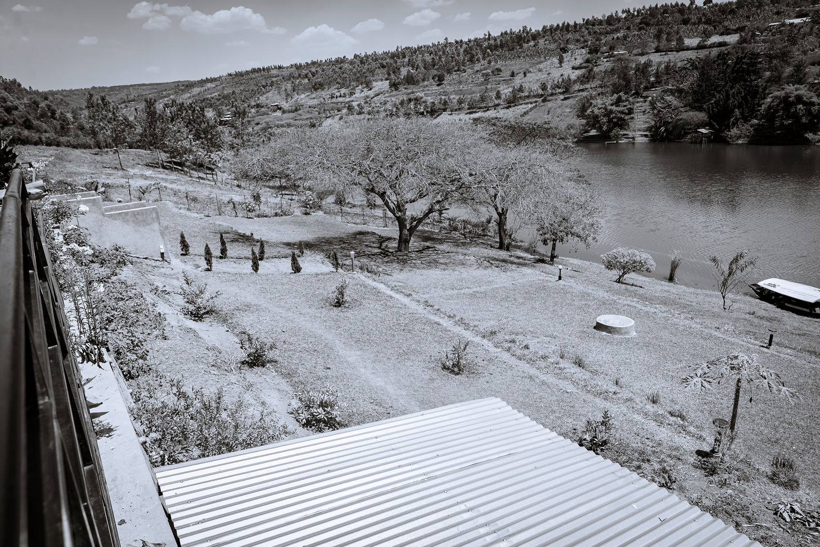 Monochrome landscape of the lake and surrounding hills